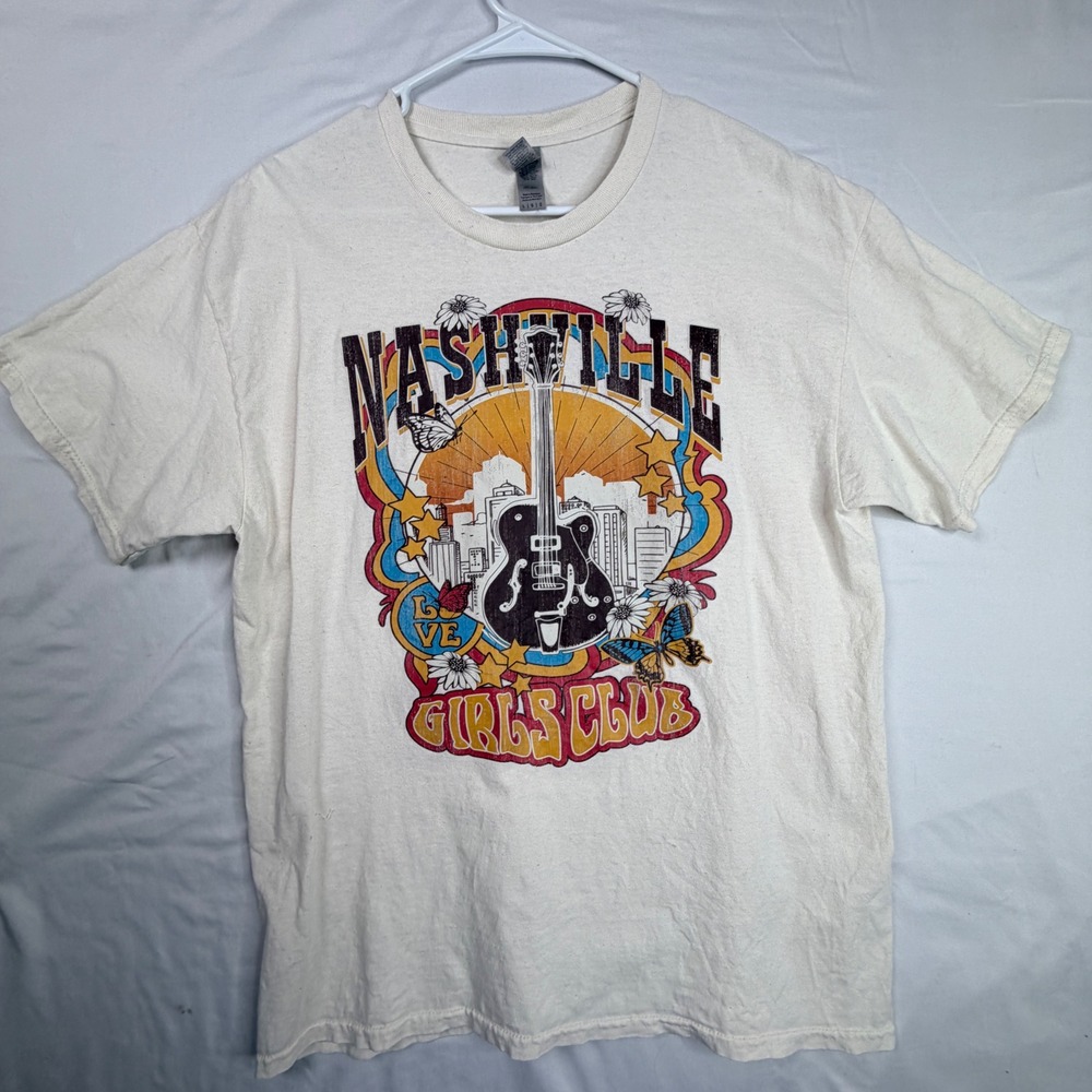 Nashville Girls Club T-Shirt Size L Cream Y2K Retro Guitar Tee